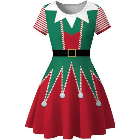 Women Ugly Christmas Santa Dress Red Green 2 Elfes Holiday Print Dress for Xmas - Picture 2 of 4